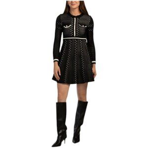 DALIA MACPHEE Long Sleeve Ruffle Neck Sweater Mini Dress With Buttons